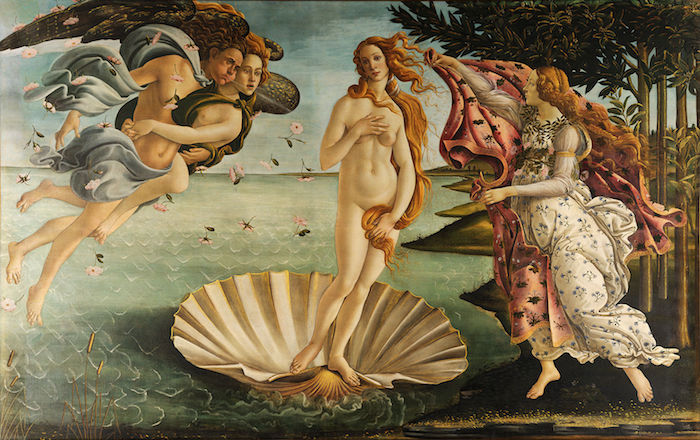 Sandro Botticelli, The Birth of Venus (c. 1486). Tempera on canvas. 172.5 cm × 278.9 cm (67.9 in × 109.6 in). Uffizi, Florence
