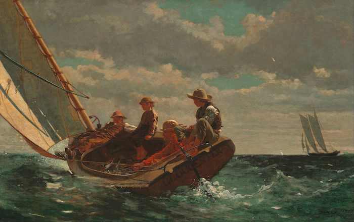 Winslow Homer: Breezing Up (A Fair Wind) (1873–76), oil on canvas 61.5 cm × 97 cm (24.2 in × 38 in) (National Gallery of Art, Washington, D.C.