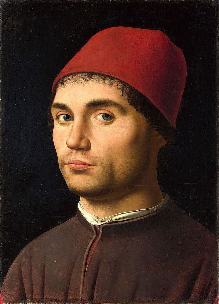Antonello da Messina: Portrait of Man, possibly a self-portrait. (between circa 1475 and circa 1476; oil on poplar wood; 35.6 × 25.4 cm [14 × 10 in], National Gallery, London)