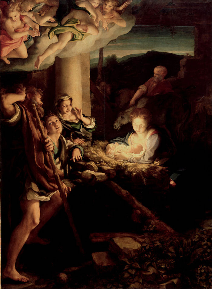 Antonio da Correggio : The Holy Night (1522 - 1530); 2,560 mm (100.79 in) x : 1,880 mm (74.02 in). Gemäldegalerie Alte Meister.