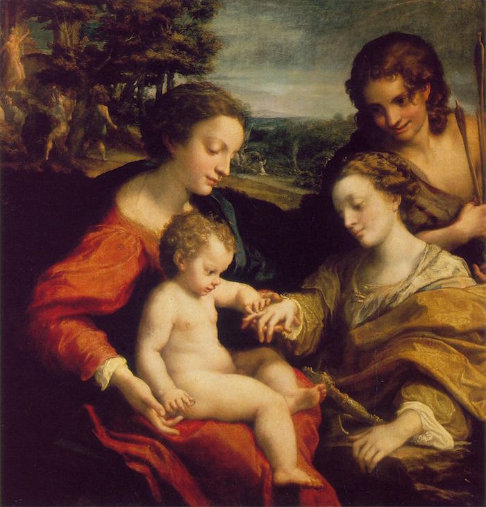 Antonio da Correggio: Mystic Marriage of Saint Catherine with Saint Sebastian (1526-1527); oil on poplar wood; 105 × 102 cm (41.3 × 40.2 in); Louvre Museum